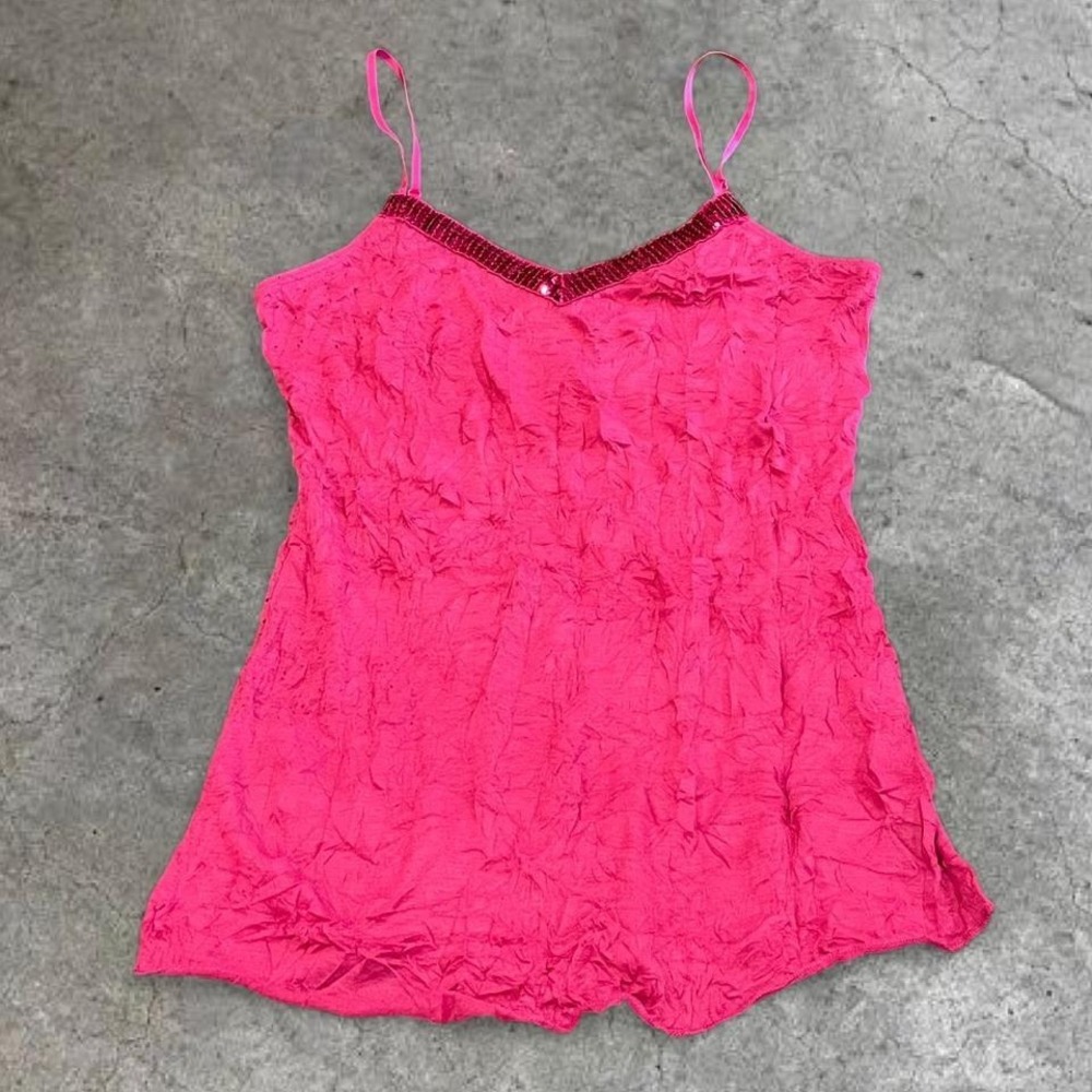 y2k pink crinkle sequin trim tank top small